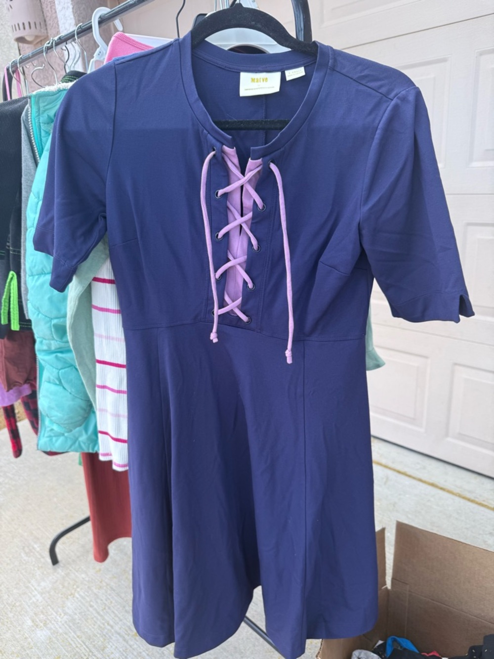 Anthropologie Navy Dress with Pink Lace-Up Front renaissance style